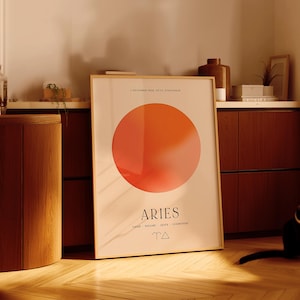 Aries Zodiac Minimalist Art Poster | Modern Astrology Wall Decor | Horoscope Lovers Gift | Abstract Red Circle Design