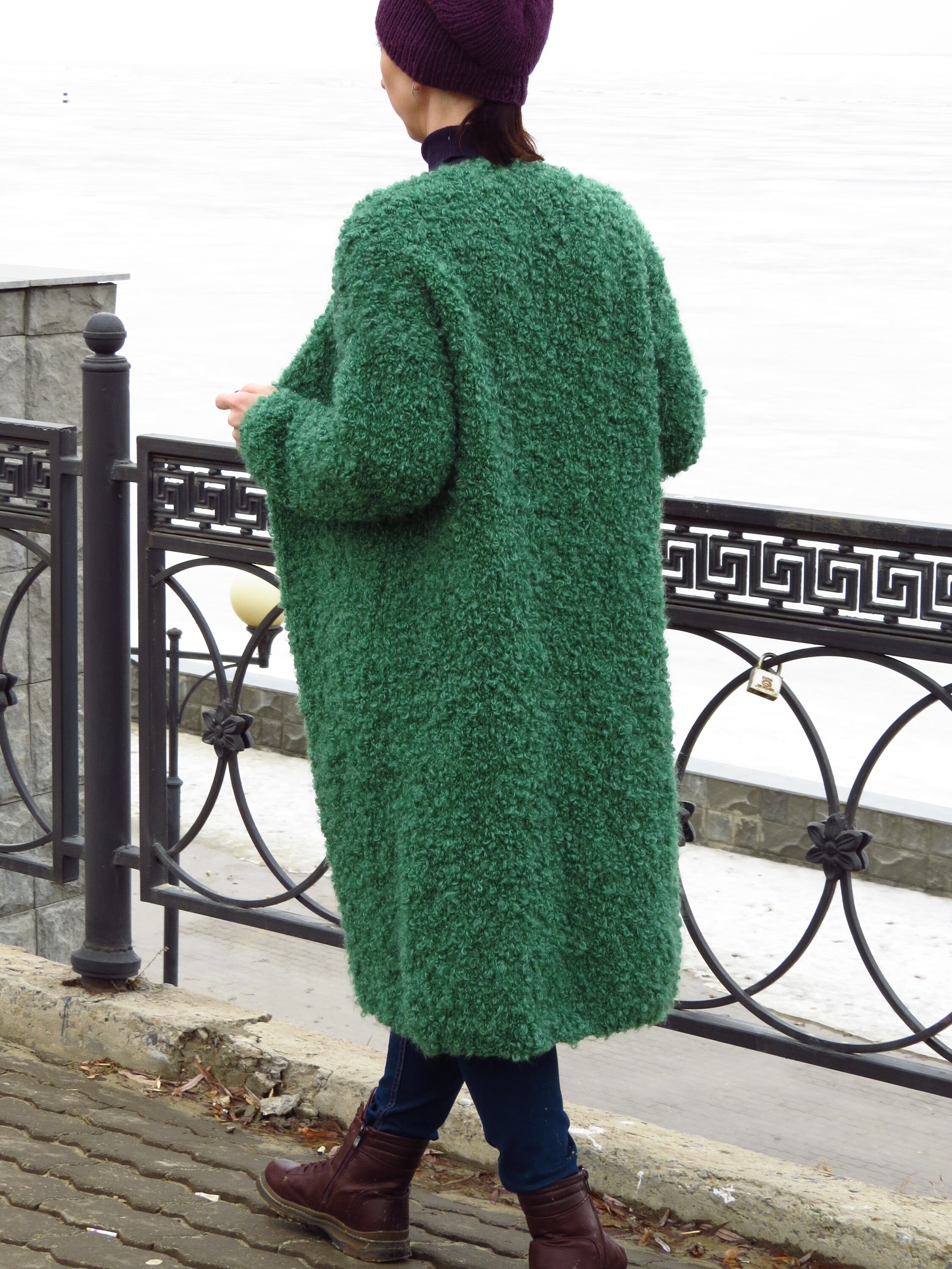 Handknitted coat boucle coat Green cardigan Fluffy Coat Etsy