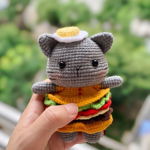 Hamburger Cat Crochet Pattern, Chubby Cat Plushie Amigurumi, Easy Amigurumi Crochet Toy Cat, Cheeseburger Kitten English Crochet PATTERN