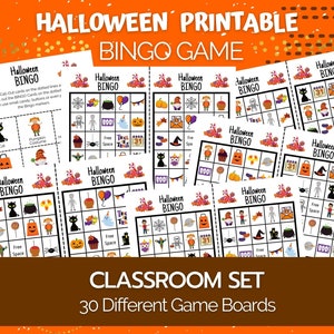 May include: A classroom set of Halloween Bingo game boards. The boards feature Halloween-themed images like pumpkins, ghosts, and candy. The text on the boards reads "Halloween Bingo" and "Free Space". The set includes 30 different game boards.