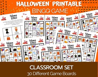 May include: A classroom set of Halloween Bingo game boards. The boards feature Halloween-themed images like pumpkins, ghosts, and candy. The text on the boards reads "Halloween Bingo" and "Free Space". The set includes 30 different game boards.