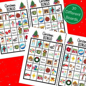 May include: Three printable Christmas bingo cards with a variety of festive images, including a Christmas tree, a snowman, a candy cane, a star, a gift, a stocking, a wreath, a nativity scene, and the words "Merry Christmas".