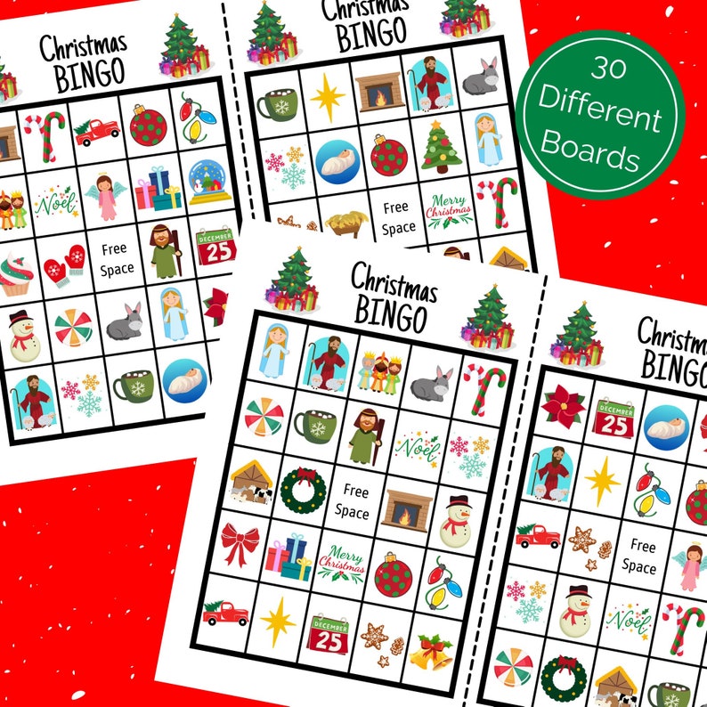 May include: Three printable Christmas bingo cards with a variety of festive images, including a Christmas tree, a snowman, a candy cane, a star, a gift, a stocking, a wreath, a nativity scene, and the words "Merry Christmas".