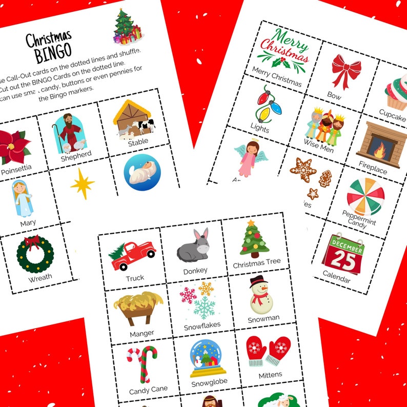 May include: A printable Christmas Bingo game with images of traditional Christmas symbols like a star, a snowman, a candy cane, a wreath, a manger, a truck, a donkey, a fireplace, a cupcake, a bow, a Christmas tree, a calendar, a peppermint candy, a snowglobe, mittens, lights, wise men, a shepherd, a stable, Mary, and a poinsettia. The game includes the words "Merry Christmas" and "December 25".