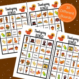 May include: A set of 30 printable Thanksgiving bingo cards featuring images of turkeys, pumpkins, corn, pies, and other Thanksgiving-themed items. The cards are designed for a fun and festive game for the holiday.