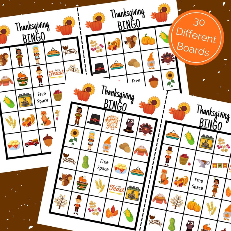 May include: A set of 30 printable Thanksgiving bingo cards featuring images of turkeys, pumpkins, corn, pies, and other Thanksgiving-themed items. The cards are designed for a fun and festive game for the holiday.