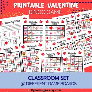 May include: A printable Valentine's Day Bingo game classroom set with 30 different game boards. Each board features a variety of Valentine's Day themed images, including hearts, cupcakes, and love birds.