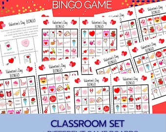 May include: A printable Valentine's Day Bingo game classroom set with 30 different game boards. Each board features a variety of Valentine's Day themed images, including hearts, cupcakes, and love birds.
