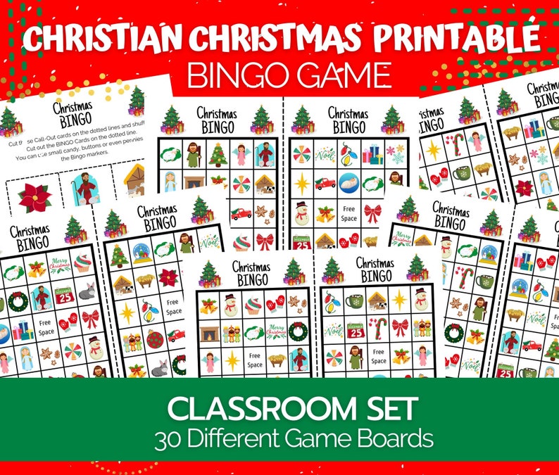 May include: A printable Christian Christmas Bingo game with 30 different game boards. Each board features a 5x5 grid with images related to the Christmas story, such as a star, a manger, and a Christmas tree. The game is perfect for a classroom or family gathering.