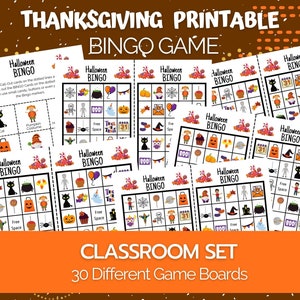 May include: A set of 30 printable Halloween Bingo game boards. Each board features a 5x5 grid with various Halloween-themed images, including pumpkins, ghosts, bats, and sweets.