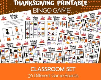 May include: A set of 30 printable Halloween Bingo game boards. Each board features a 5x5 grid with various Halloween-themed images, including pumpkins, ghosts, bats, and candy.