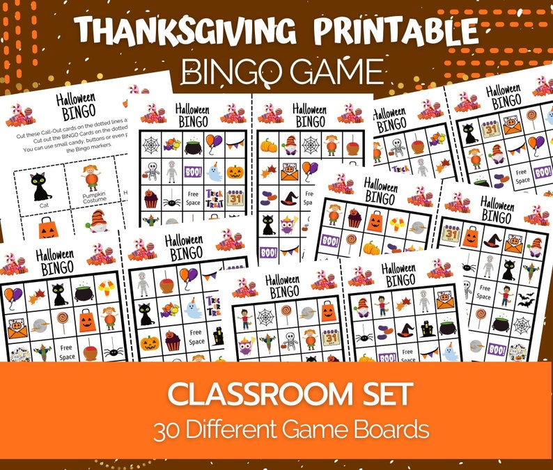 May include: A set of 30 printable Halloween Bingo game boards. Each board features a 5x5 grid with various Halloween-themed images, including pumpkins, ghosts, bats, and sweets.