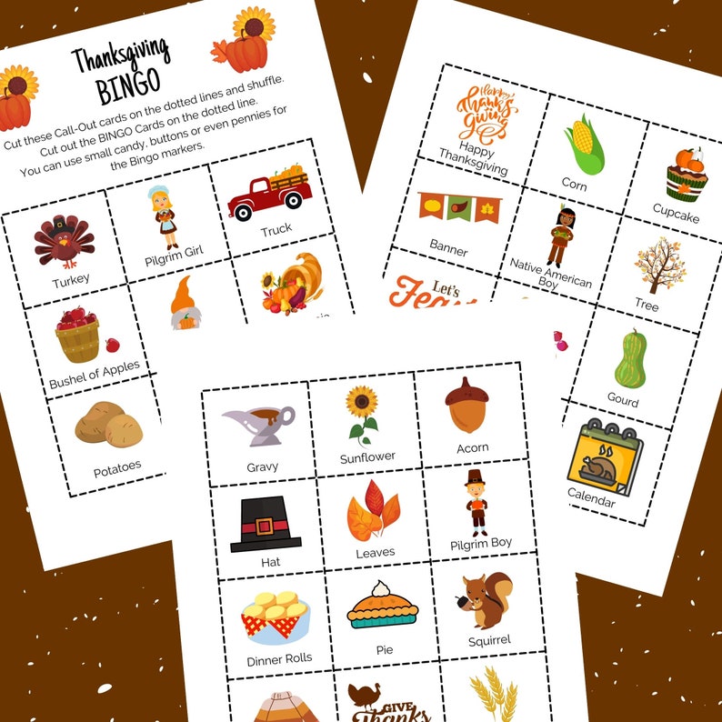 May include: A Thanksgiving Bingo game with a white background and black outlines. The game board features images of Thanksgiving-themed items such as a turkey, pilgrim girl, truck, bushel of apples, potatoes, gravy, sunflower, acorn, calendar, hat, leaves, pilgrim boy, dinner rolls, pie, and squirrel. The game also includes a call-out card with the same images.