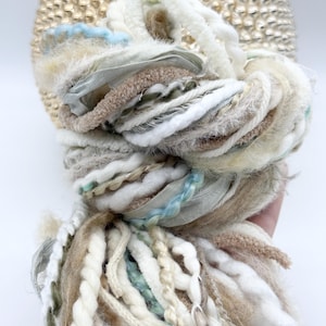 Mixed Yarn Bundle Shoreline 18 yards total (1 yards of each) , Yarn Scraps, Mixed Fiber Weaving, Junk Journal - Dolls - Hats