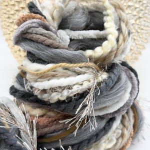 Fiber Scrap Yarn Bundle: MOUNTAINTOP - 20 Textures 1 yard each for Junk Journals, Weaving