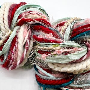 Vintage Christmas :  Fiber Bundle 21 yards total (1 yards of each) includes Sari Silk Ribbon, Yarn, for Weaving, Journals, scrapbooks