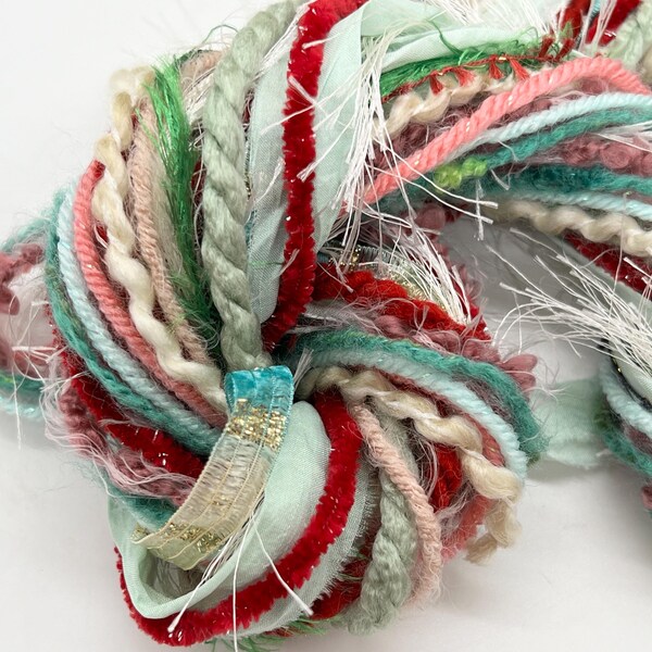 Santa's Workshop Fiber Bundle 12 yards total (1 yards of each) includes Sari Silk Ribbon, Yarn, for Weaving, Journals, scrapbooks