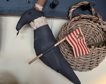 Primitive Crow Doll 14” – Hanging Peg Shelf Decor – Rustic Americana Crow with Flag – Folk Art Black Bird Ornament