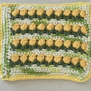 May include: A yellow, green, and white crocheted dishcloth with a textured pattern. The dishcloth is made with a variety of stitches and has a scalloped edge.