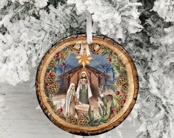Christmas png, Nativity Christmas ornament sublimation design, wood slice ornament png, digital download printable ornament