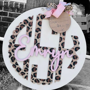 Cheetah Print Baby Girl Nursery Doorhanger, Baby Girl Announcement, Initial Doorhanger