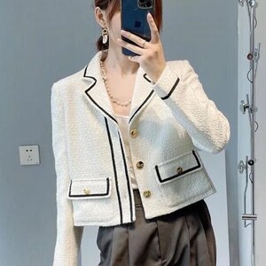 Elegant Tweed Blazer | Short Jacket | Coat | White | Black