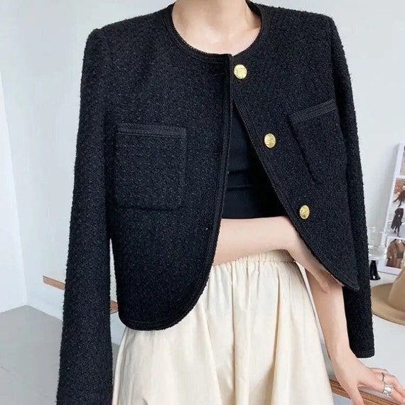 Elegant Tweed Jacket Blazer Short Coat White Black 