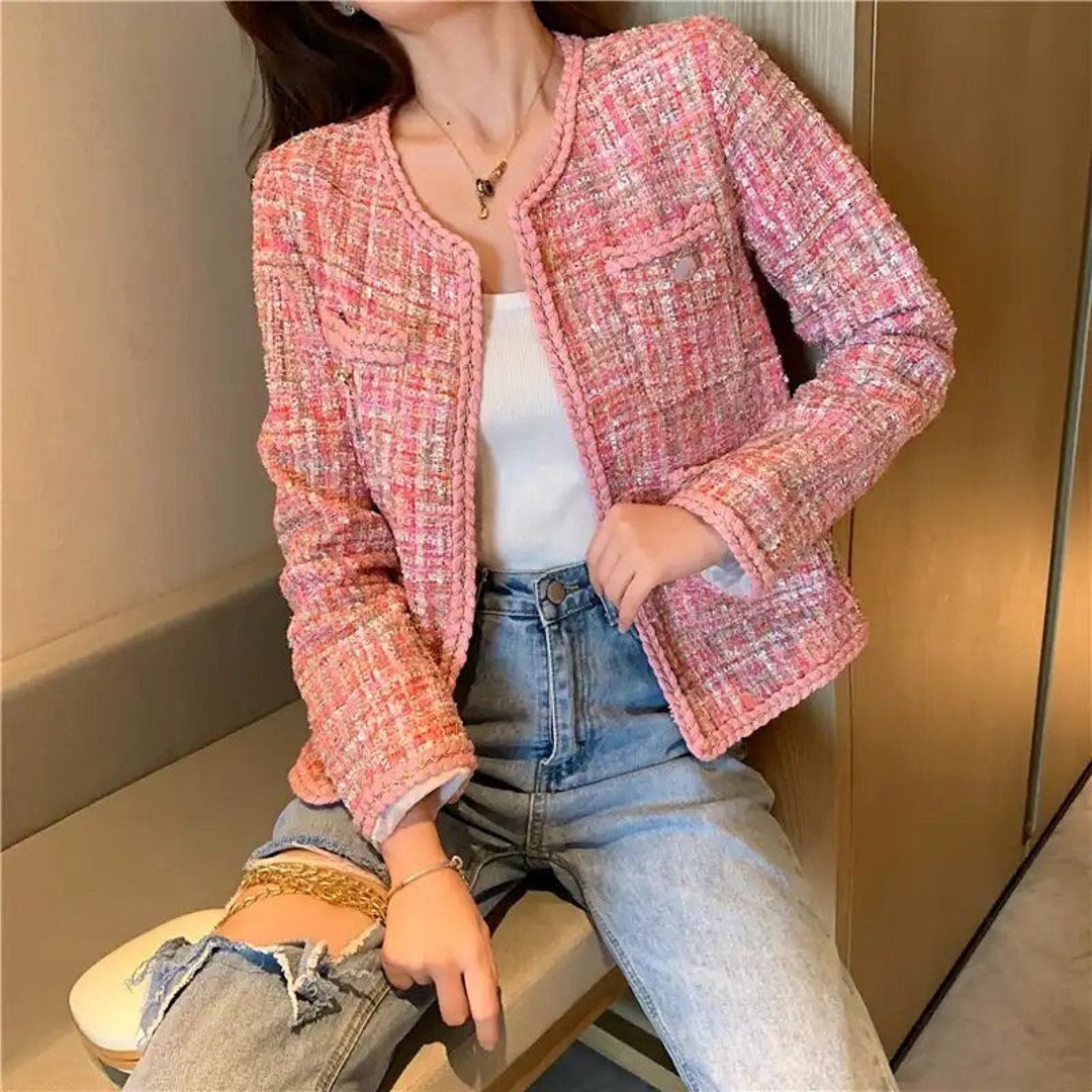 Elegant Tweed Jacket Blazer Short Coat White Black Retro Fashion Pink ...