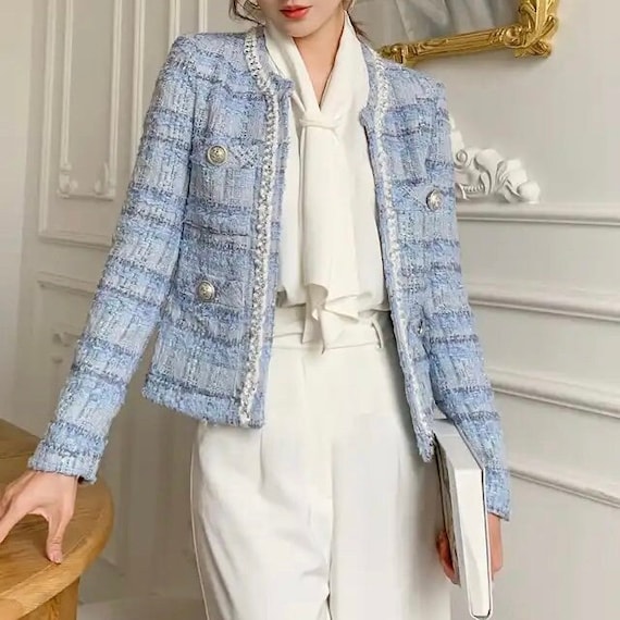 Elegant Tweed Jacket Blazer Short Coat White Black Retro Fashion Crop Jacket  Blue 