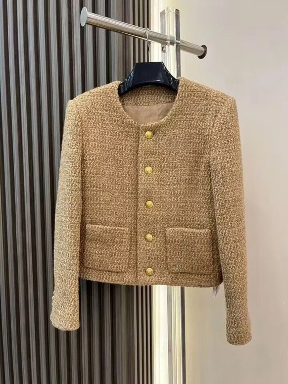Elegant Beige-brown Tweed Jacket Blazer Short Coat 