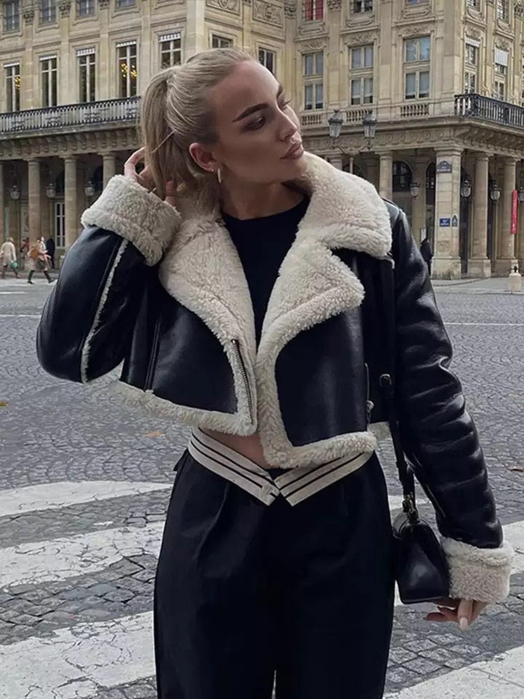2022 Women Winter Faux Leather Jacket Long Sleeve Lapel Fleece
