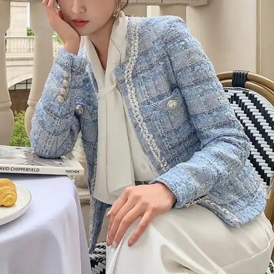 Elegant Tweed Jacket Blazer Short Coat White Black Retro Fashion Crop Jacket  Blue 