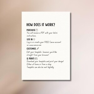 May include: A white rectangular sign with black text that reads "HOW DOES IT WORK?" followed by instructions on purchasing, logging in, customizing, and printing a template. The sign is on a light brown background.