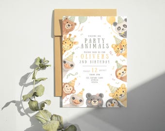 サファリ動物の誕生日招待状｜編集可能なCanvaテンプレート（デジタルダウンロード）
