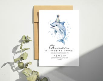 イルカの誕生日招待状テンプレート｜水彩画風海の生き物パーティー（デジタルダウンロード）