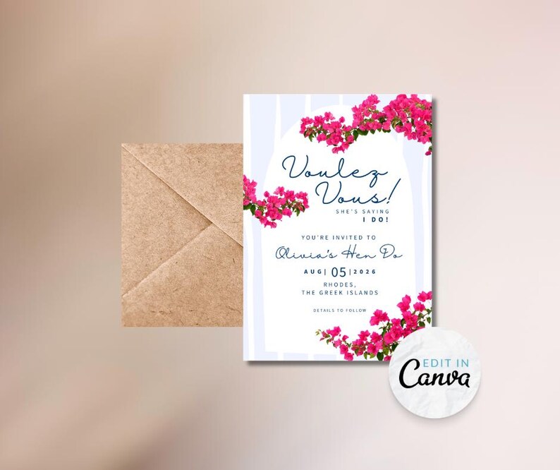 May include: A wedding invitation with the text "Voulez Vous!" and "Olivia's Hen Do" in a script font. The invitation features pink flowers and is set against a light blue striped background. A brown envelope is on the left.