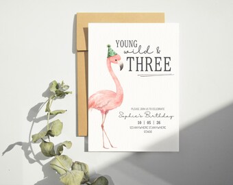 若くてワイルドな3羽のフラミンゴの誕生日招待状 | 編集可能なCanvaテンプレート