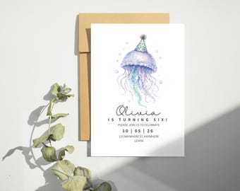 クラゲの誕生日招待状テンプレート｜水彩画風海の生き物パーティー（デジタルダウンロード）