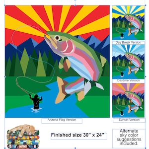 Puede incluir: Un patrón de acolchado de papel de base que presenta una trucha saltando con un pescador en el fondo. El patrón incluye tres variaciones de color de cielo diferentes: Bandera de Arizona, Amanecer y Atardecer. El tamaño del acolchado terminado es de 76 cm por 61 cm.