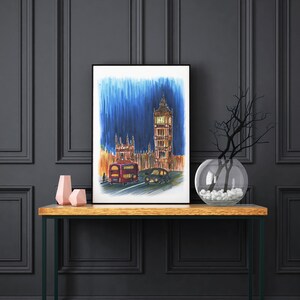 London night. London print. London wall art. London markers painting. Print Big Ben sketch. London illustration. London artwork. London city