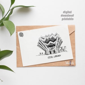 May include: A black and white line drawing of the Geisel Library at the University of California, San Diego. The drawing is on a white card with the words "Geisel Library" printed below the drawing. The card is in a brown envelope.