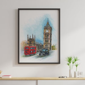 London print. London wall art. London markers painting. Print Big Ben sketch. London illustration. London artwork. London city