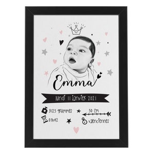 Tableau de naissance avec portrait. Idée cadeau de naissance. Cadre noir ou blanc. image 2