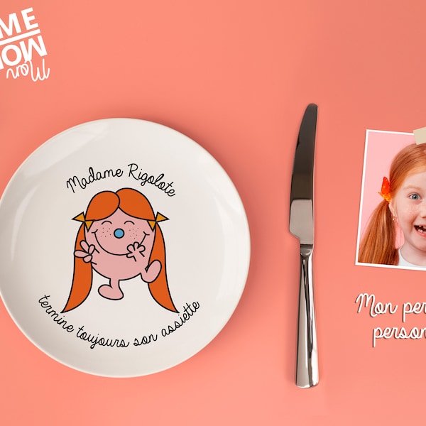 Assiette personnalisée « Madame Monsieur » pour enfant, personnage réalisé à partir d’une photo.