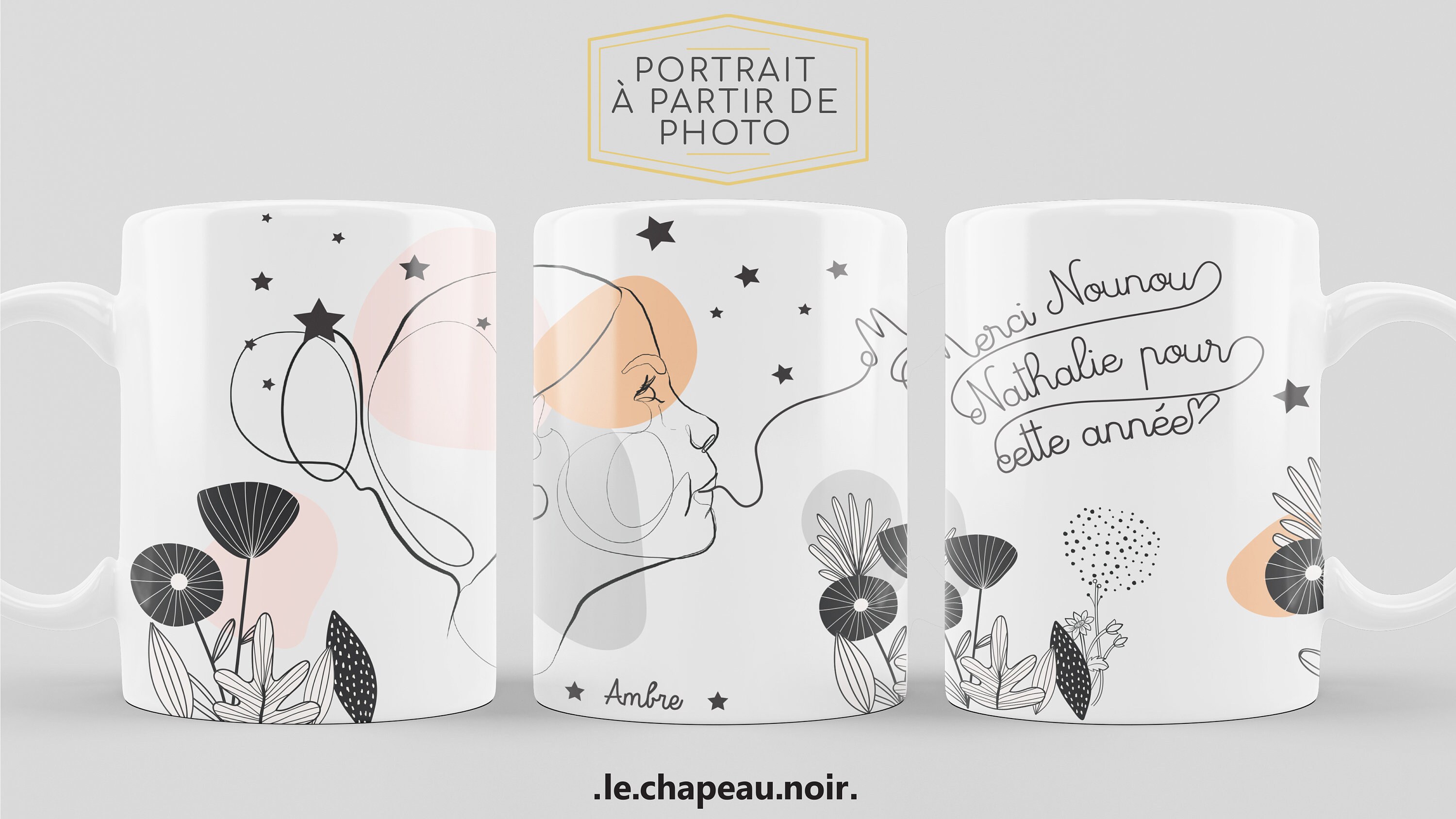 Spécial Fin d'année Scolaire. Cadeau Pour Nounou . Mug «Profil Filaire Personnalisé à Partir de Phot