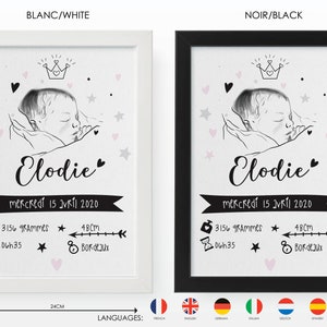 Tableau de naissance avec portrait. Idée cadeau de naissance. Cadre noir ou blanc. image 8