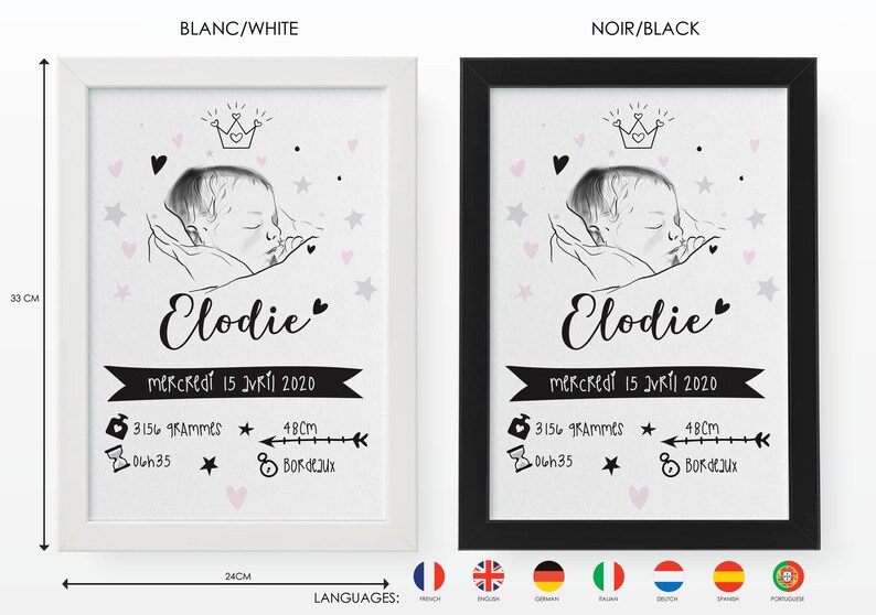 Tableau de naissance avec portrait. Idée cadeau de naissance. Cadre noir ou blanc. image 8