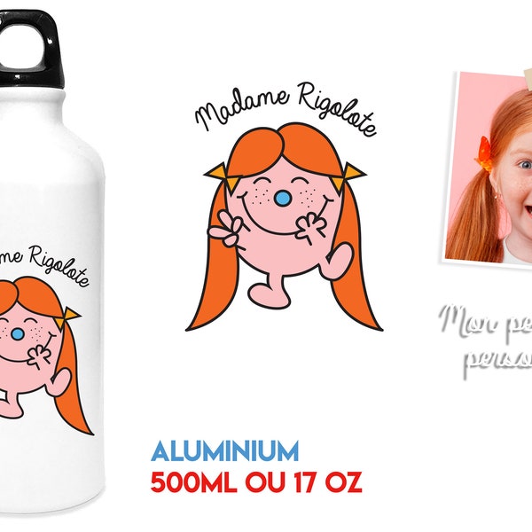 Gourde personnalisée « Madame Monsieur » pour enfant, personnage réalisé à partir d’une photo.