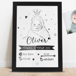 Tableau de naissance avec portrait. Idée cadeau de naissance. Cadre noir ou blanc. Noir