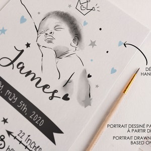 Tableau de naissance avec portrait. Idée cadeau de naissance. Cadre noir ou blanc. image 4